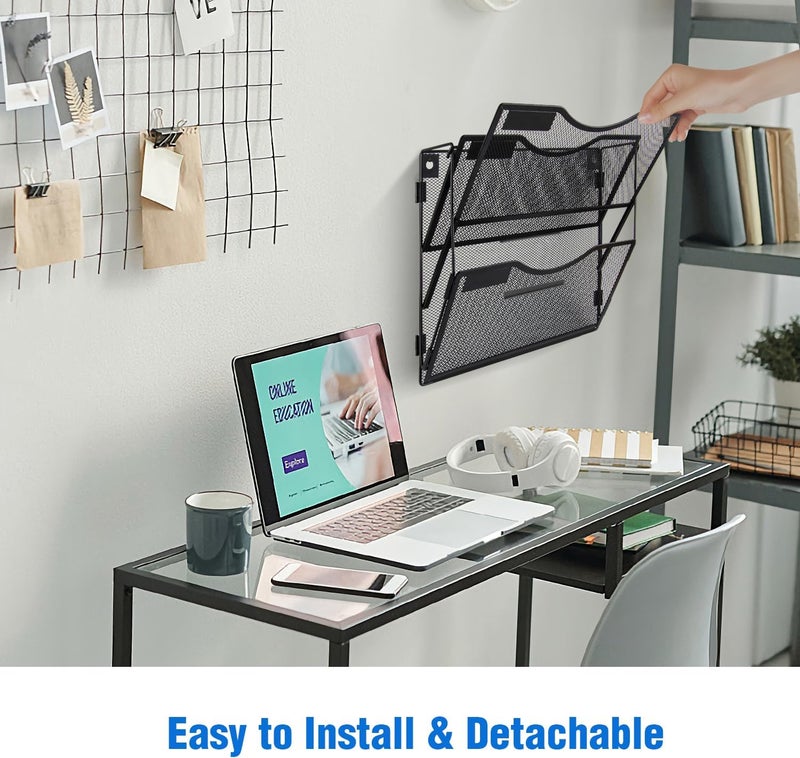 BOHDK Wall File Organizer 3 Pockets, Mail Organizer, Hanging Folder Holder, Foldable | Hanging or Wall Mounted | Label Panel | 2 Hooks | Office Home School Organizer, Black - Image 2